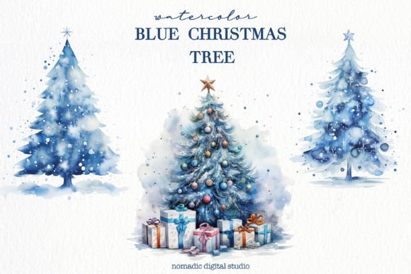 Download 9 Watercolor Blue Christmas Tree Clipart - Christmas Collection