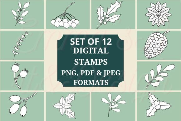 Download 12 Christmas Foliage Digital Stamps - Christmas Collection