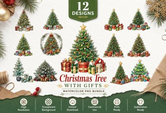 Download Watercolor Christmas Tree Gifts PNG - Christmas Collection